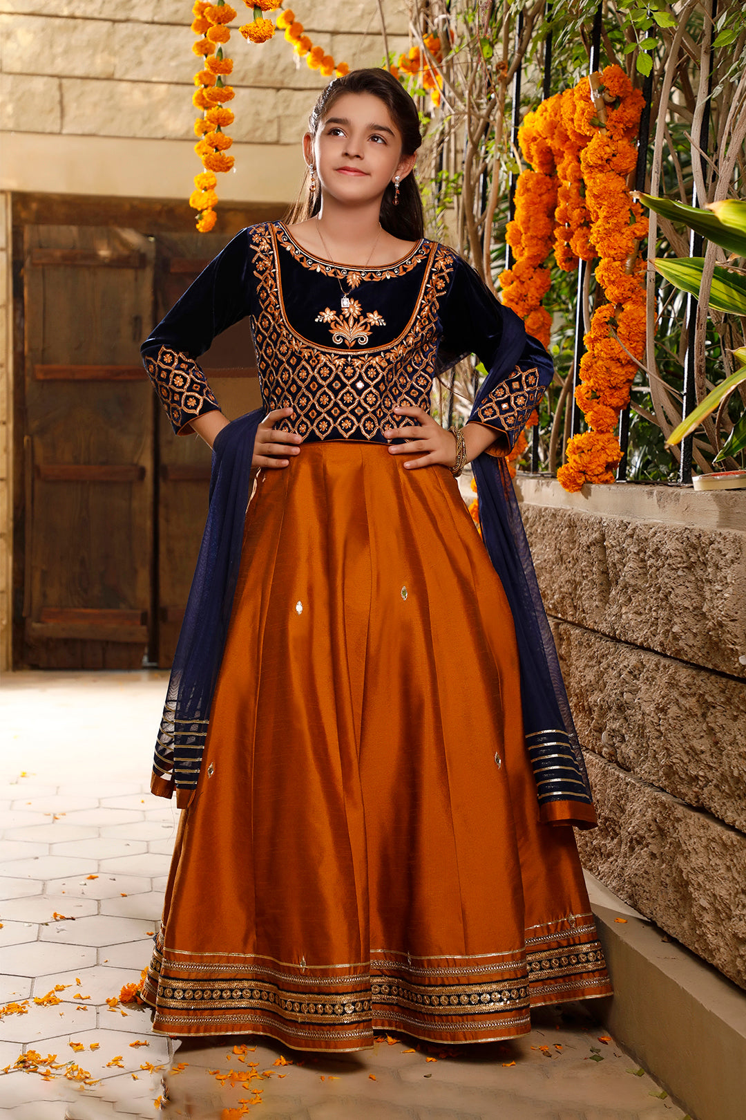 Mirror Zari Embroidered Velvet Raw Silk Lehenga Choli | WC1920 | L3021