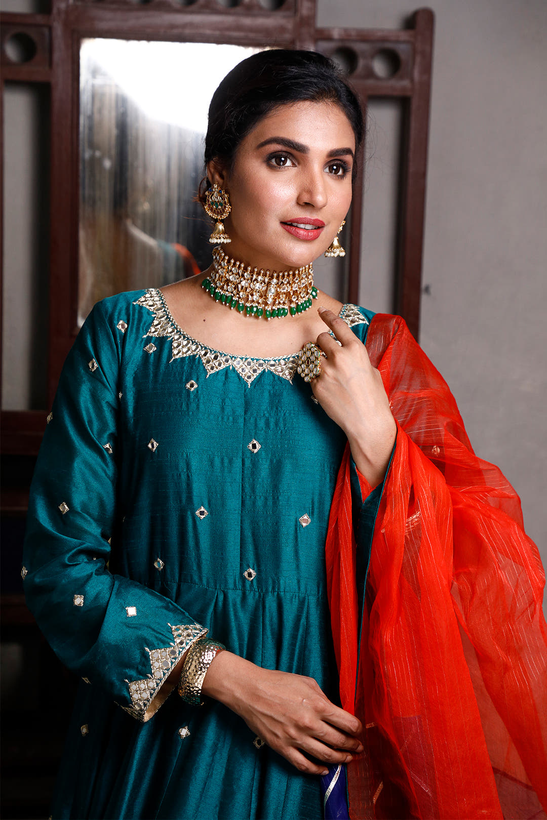 SANA'S red embroidered raw silk maxi dress Pakistan occasion wear