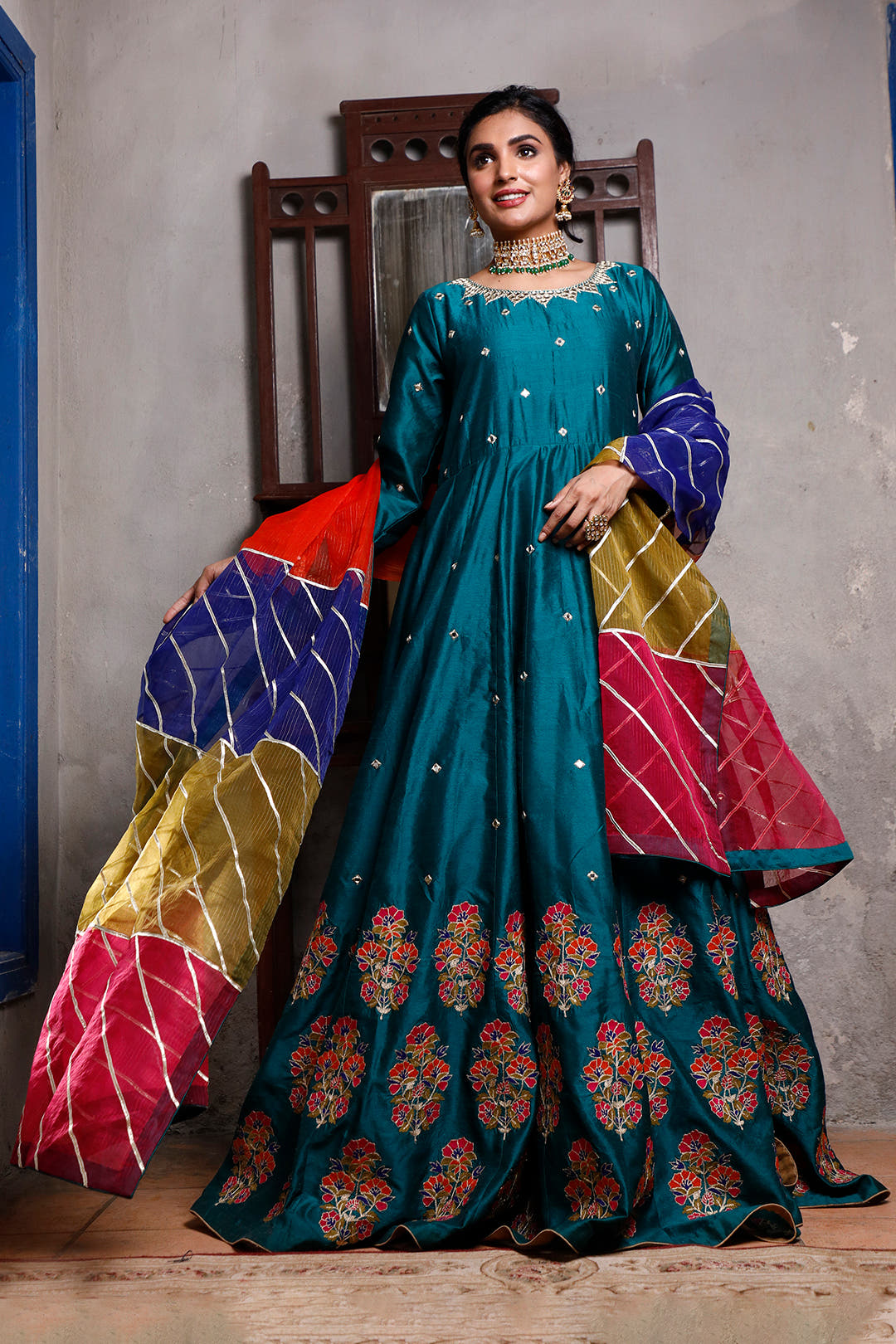 SANA'S red embroidered raw silk maxi dress Pakistan occasion wear