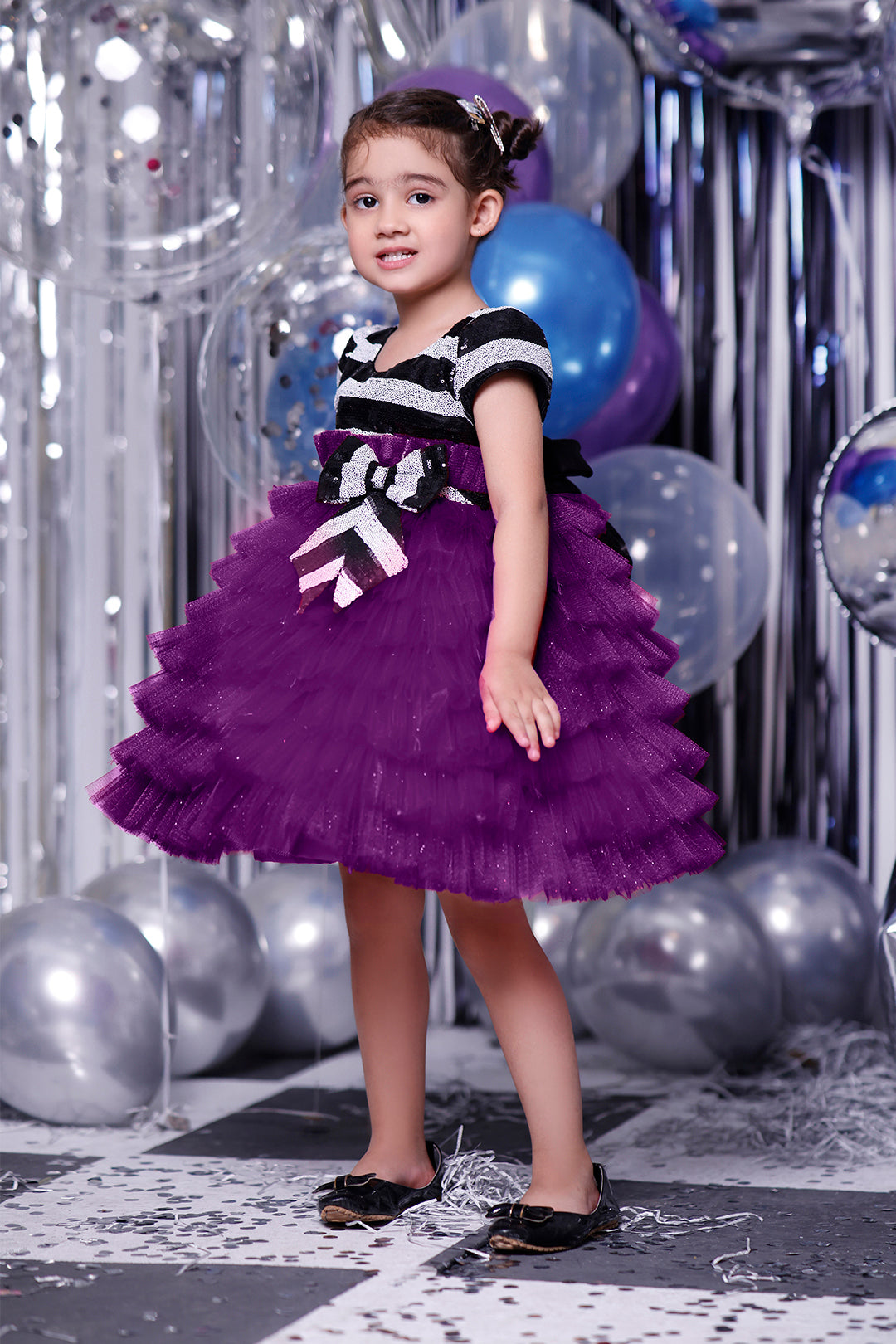 Striped Sequins Multi Layers Ruffled Net Frock | BIRTHDAY BASH | F2108