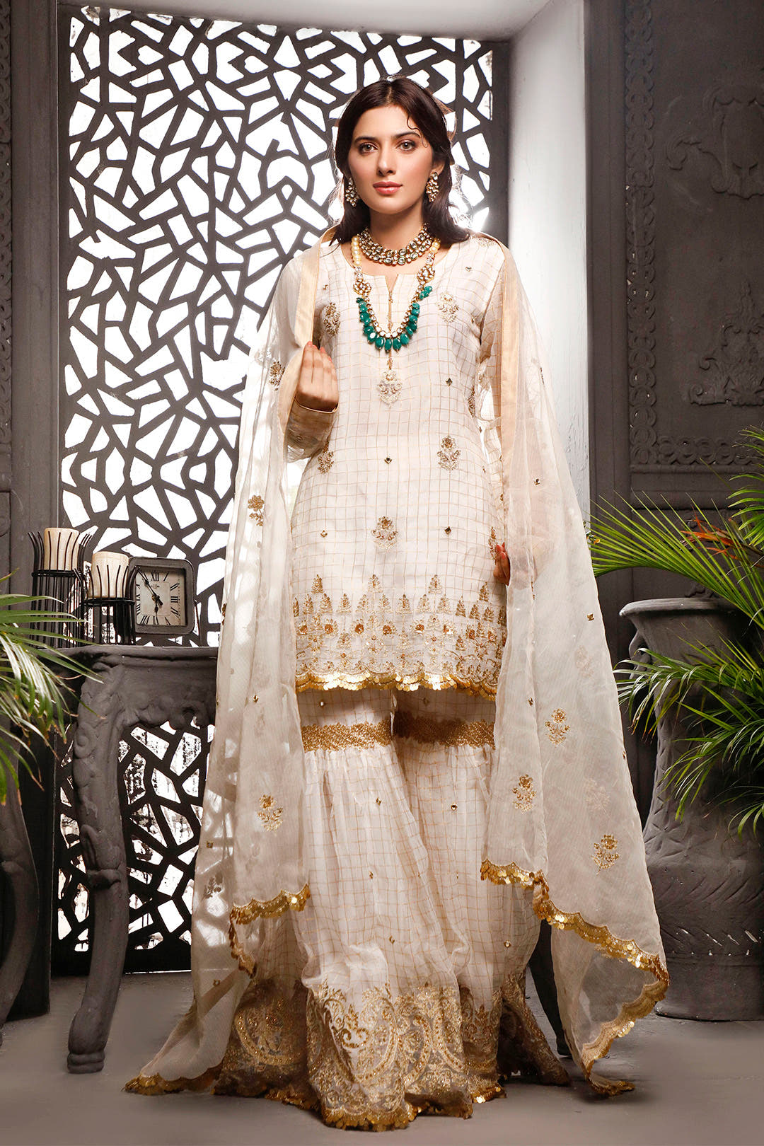 SANA'S red embroidered organza gharara suit Pakistan occasion wear