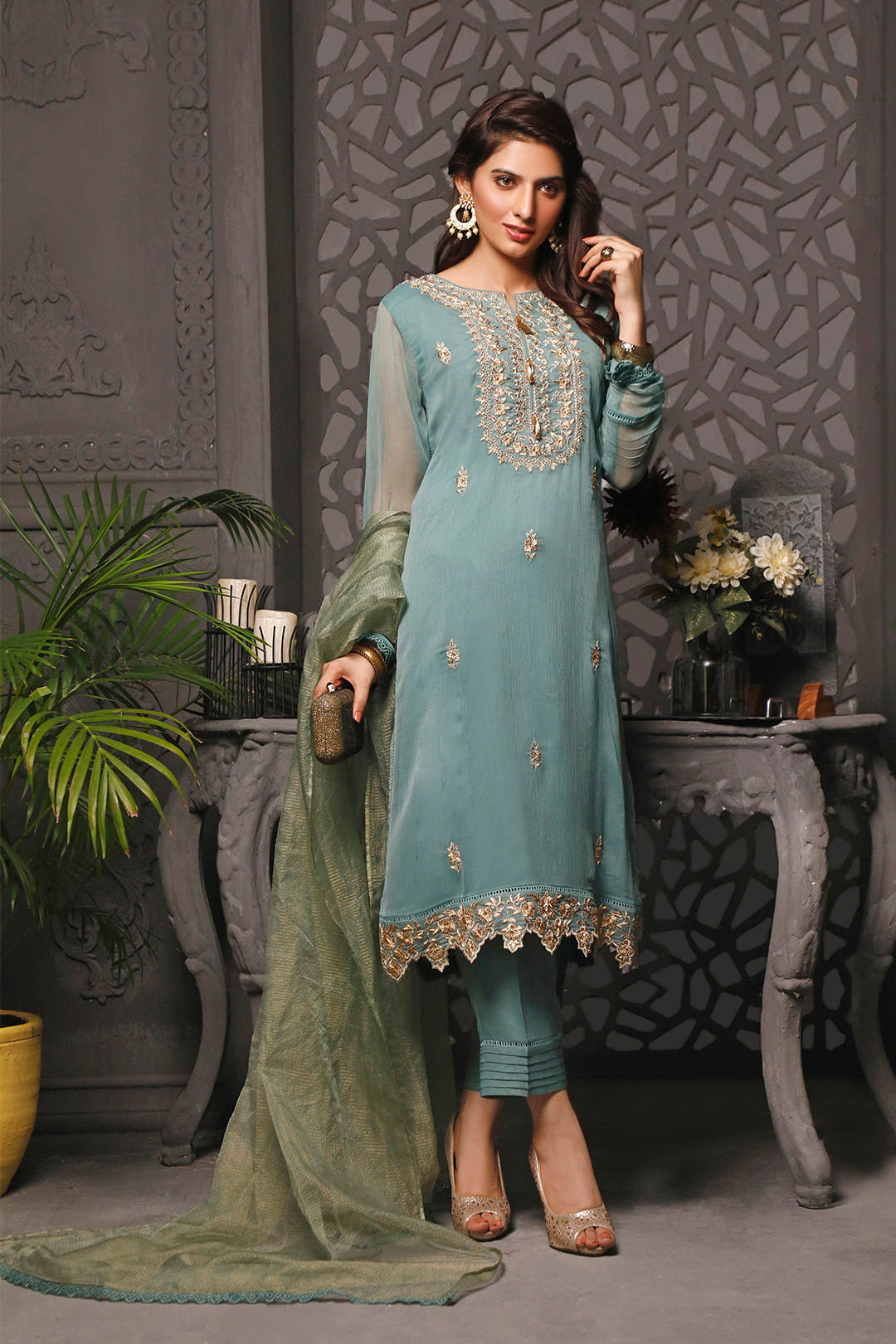 SANA'S red embroidered chiffon suit Pakistan occasion wear