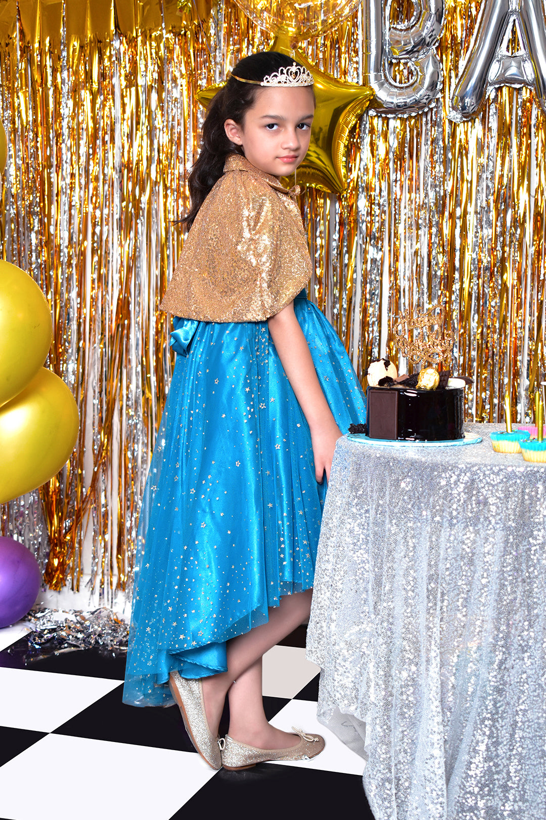Metallic Glitter Star Net Cape Style Frock | BIRTHDAY BASH | F2117