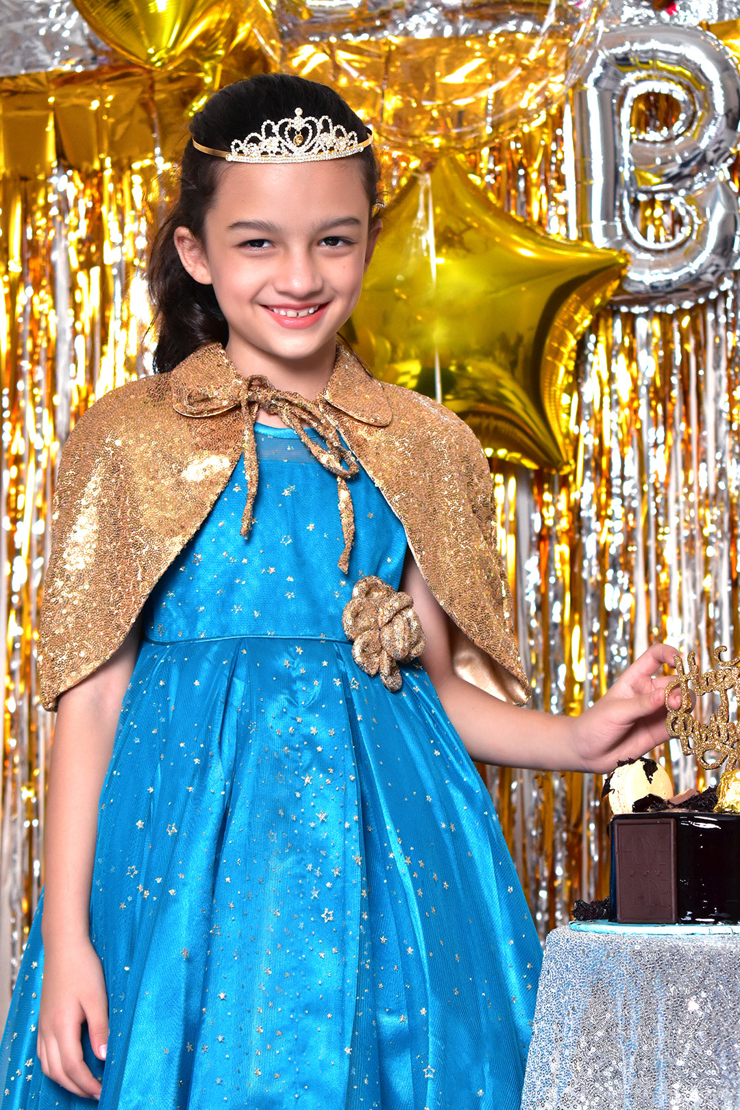 Metallic Glitter Star Net Cape Style Frock | BIRTHDAY BASH | F2117