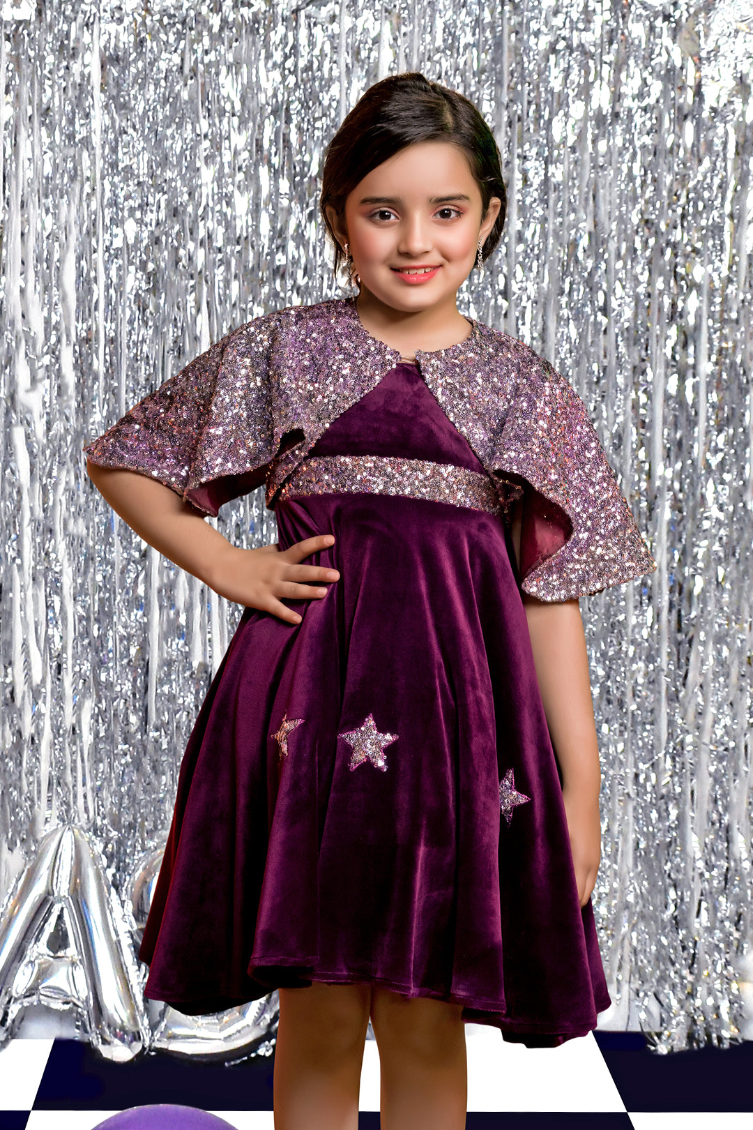 Monotone Sequins Velvet Cape Style Frock | BIRTHDAY BASH | F2003