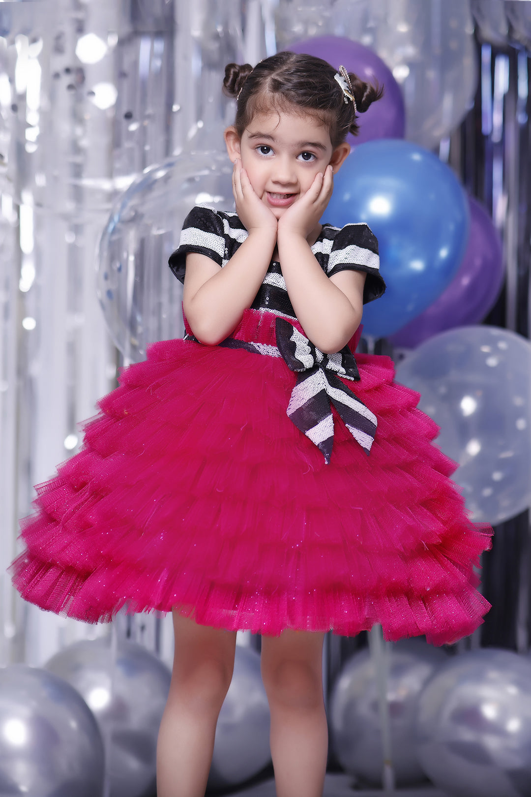 Striped Sequins Multi Layers Ruffled Net Frock | BIRTHDAY BASH | F2108