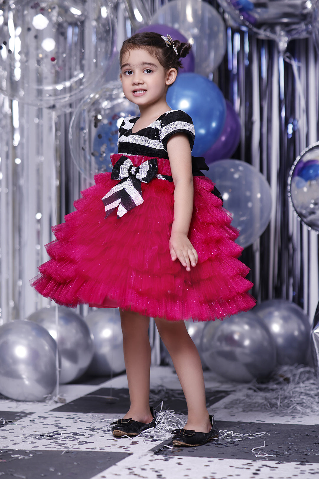 Striped Sequins Multi Layers Ruffled Net Frock | BIRTHDAY BASH | F2108