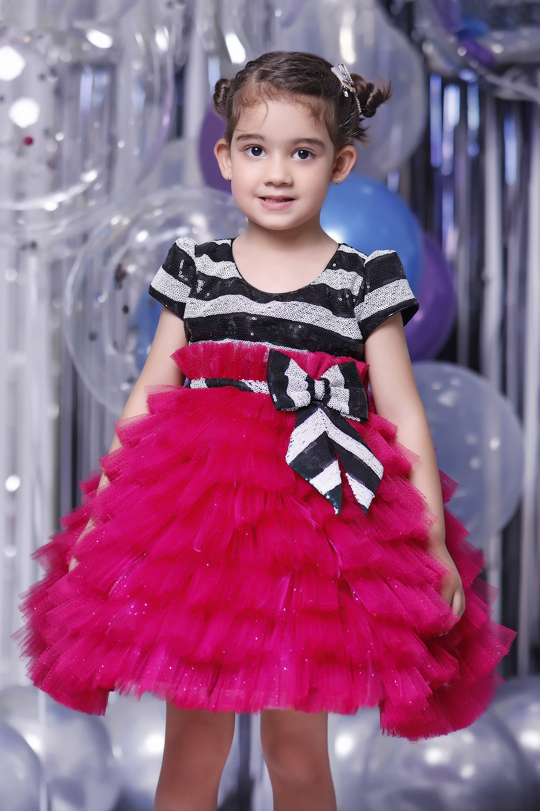 Striped Sequins Multi Layers Ruffled Net Frock | BIRTHDAY BASH | F2108