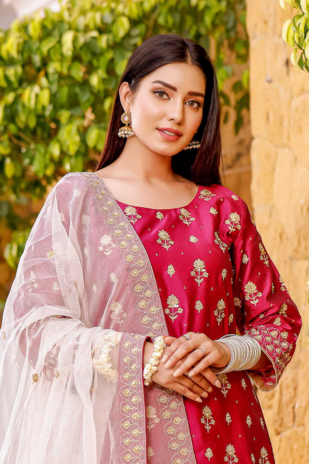 SANA'S red embroidered raw silk suit Pakistan occasion wear