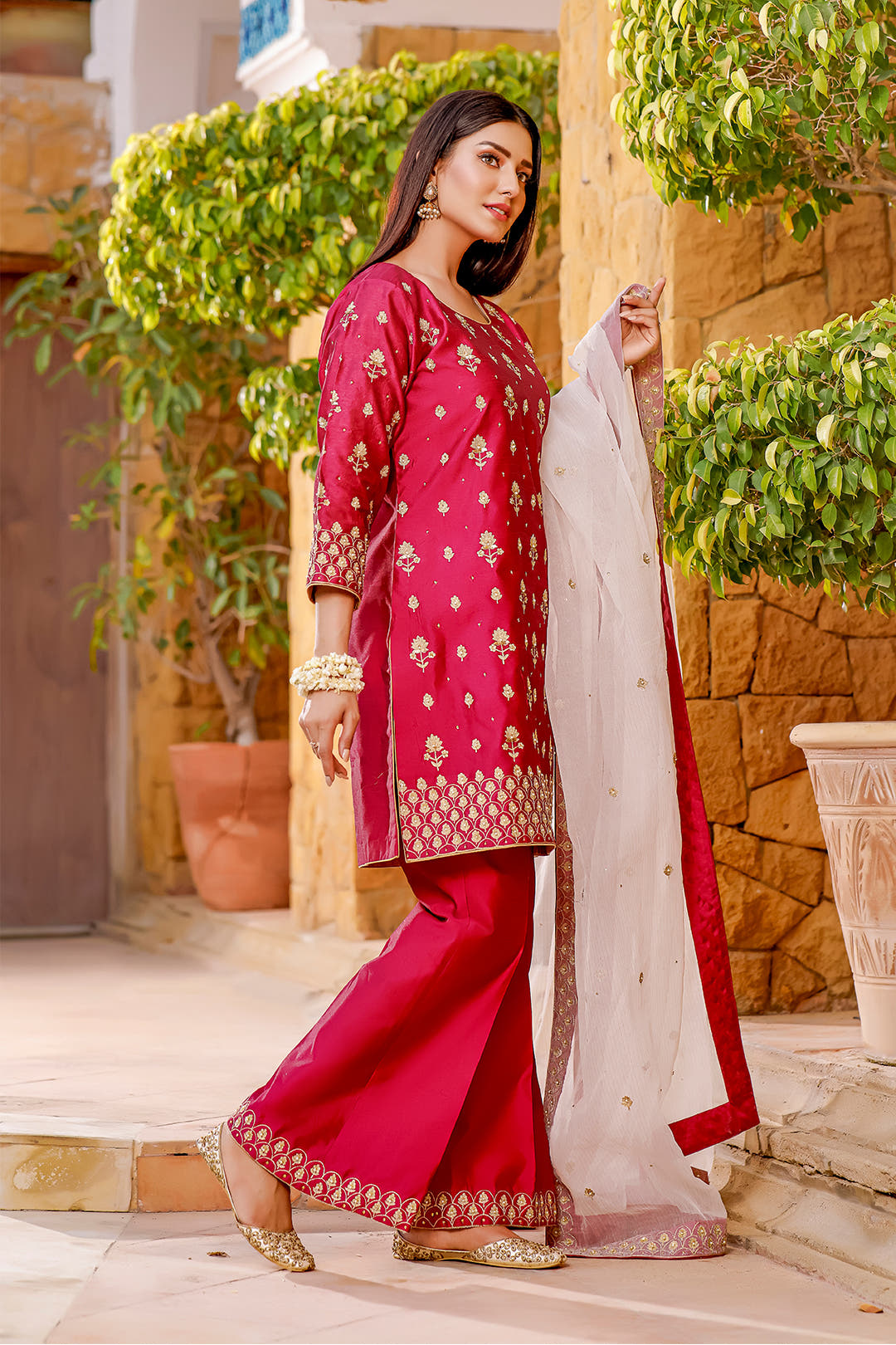 SANA'S red embroidered raw silk suit Pakistan occasion wear