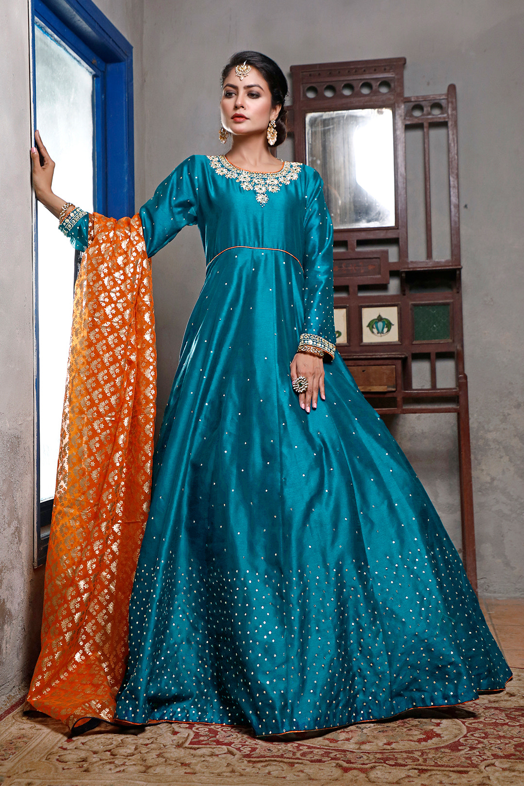 SANA'S red embroidered raw silk maxi dress Pakistan occasion wear