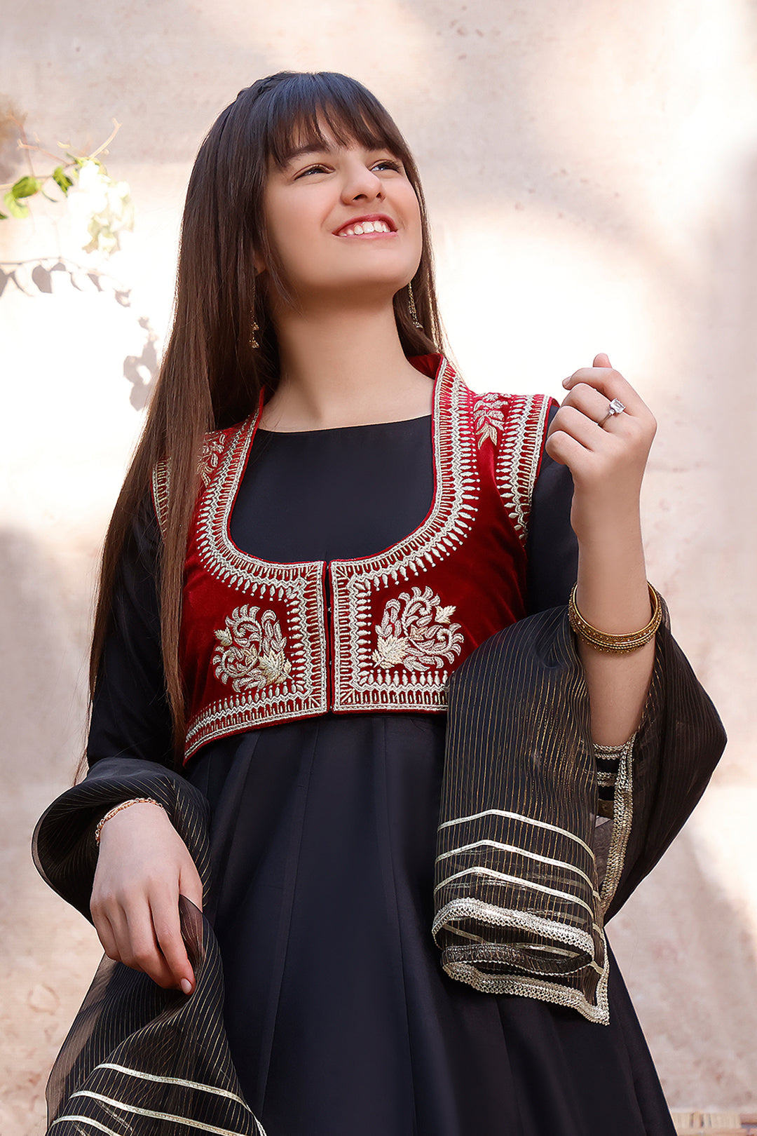Zari Embroidered Lychee Silk Long Maxi | MEHRU | M3098