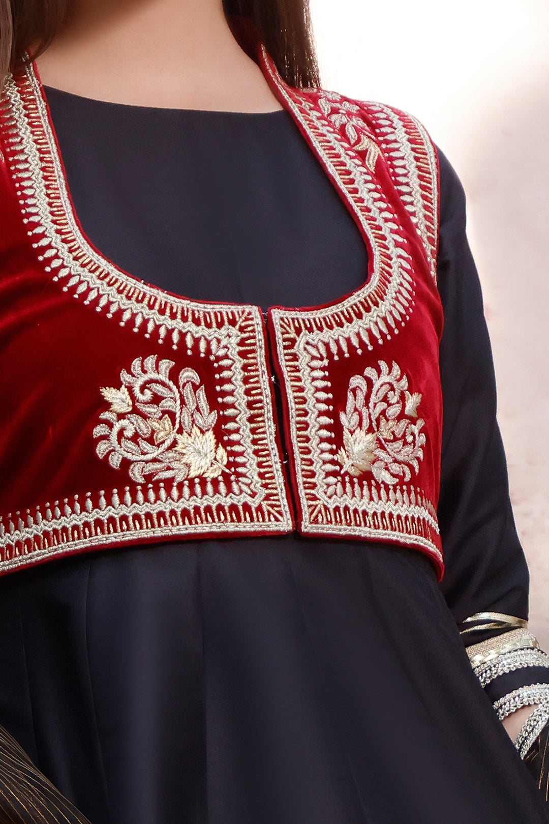 Zari Embroidered Lychee Silk Long Maxi | MEHRU | M3098