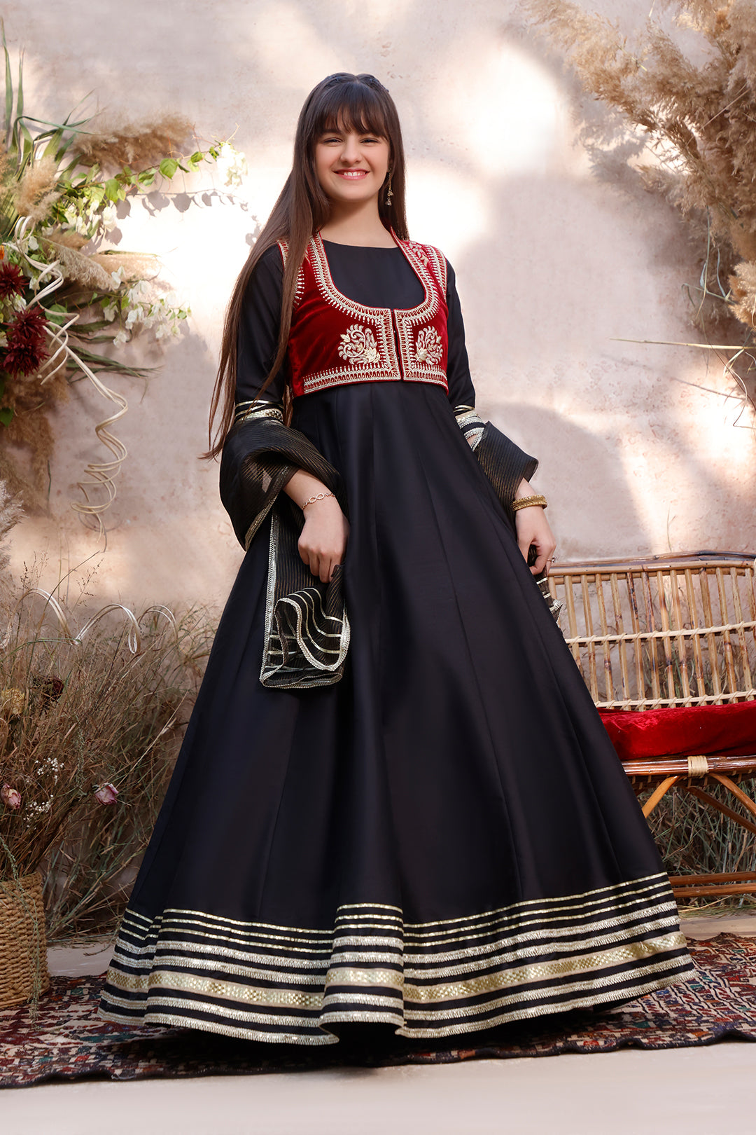 Zari Embroidered Lychee Silk Long Maxi | MEHRU | M3098