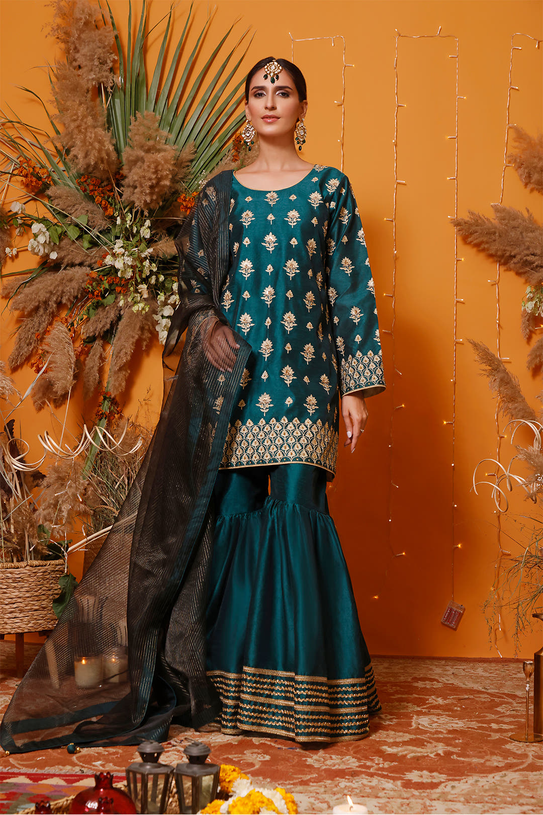 SANA'S red embroidered raw silk gharara suit Pakistan occasion wear