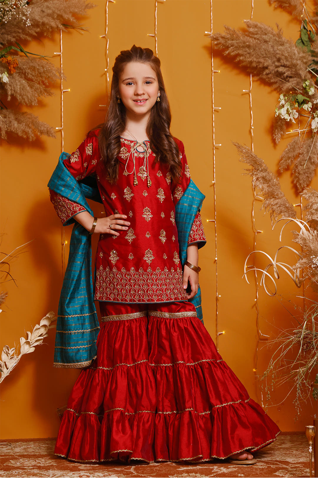 SANA'S red embroidered raw silk gharara suit Pakistan occasion wear