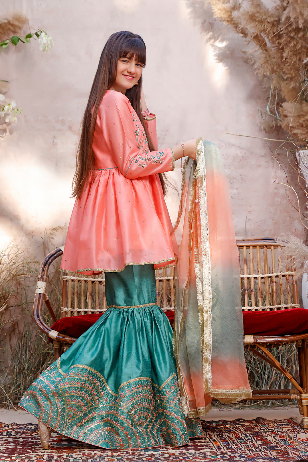 SANA'S red embroidered raw silk gharara suit Pakistan occasion wear