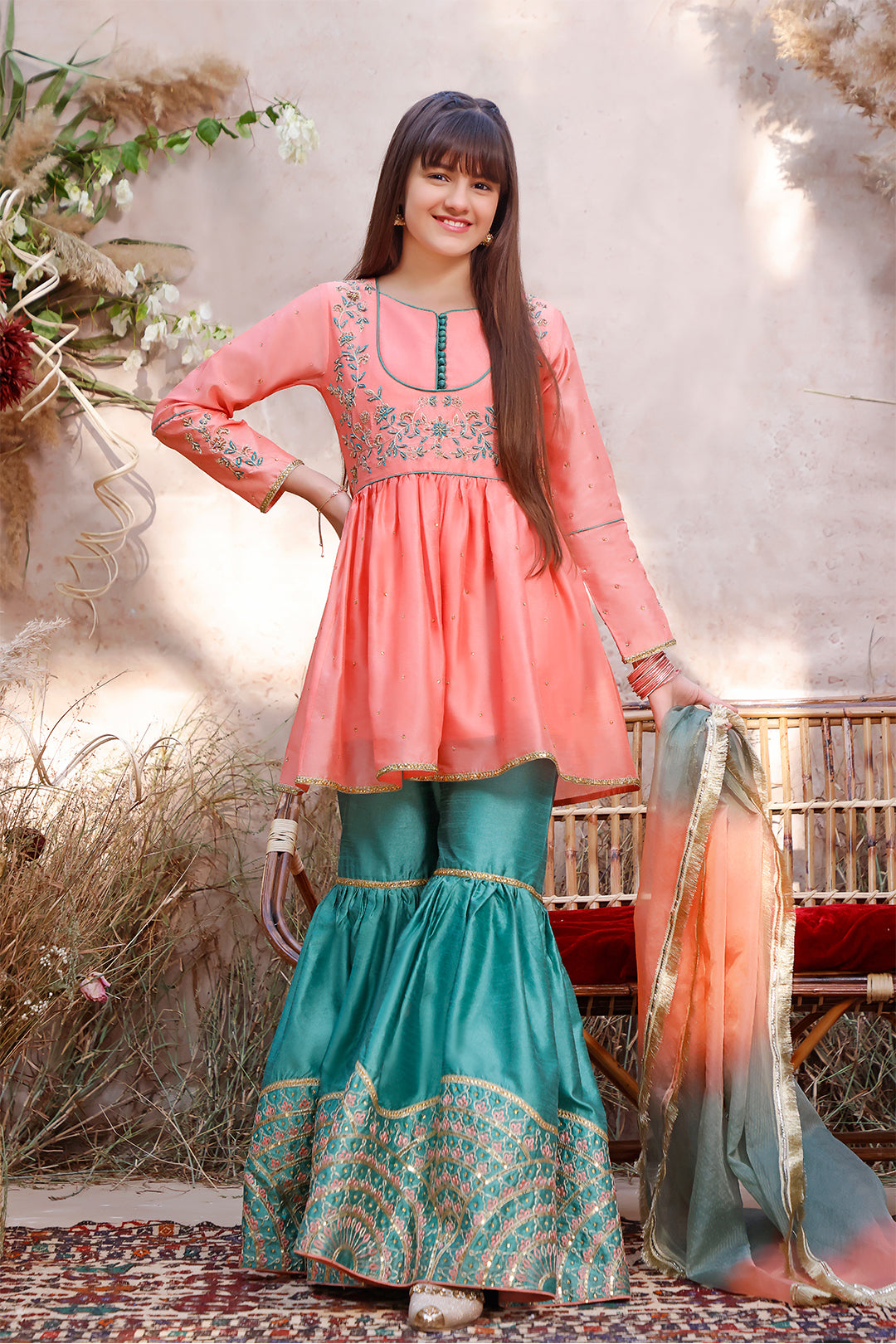 Embroidered Raw Silk Peplum Style Gharara Suit | MEHRU | G3040