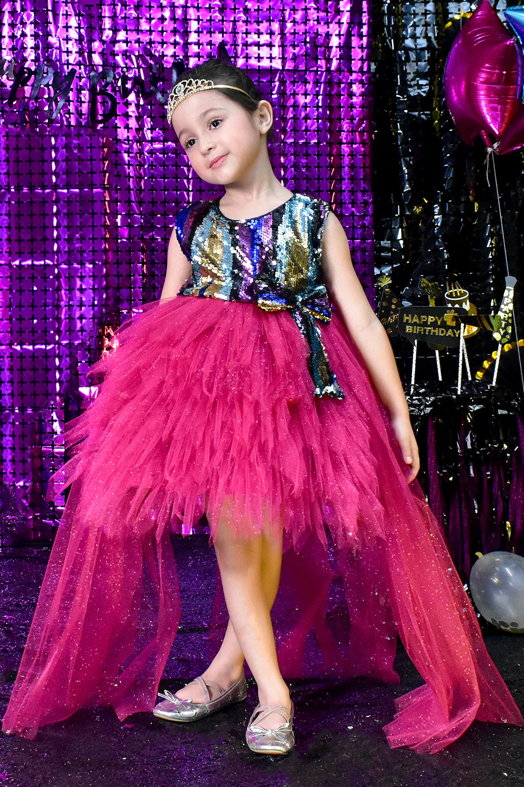 Multi Sequins Feather Style Net Flare Frock | BIRTHDAY BASH | F2178
