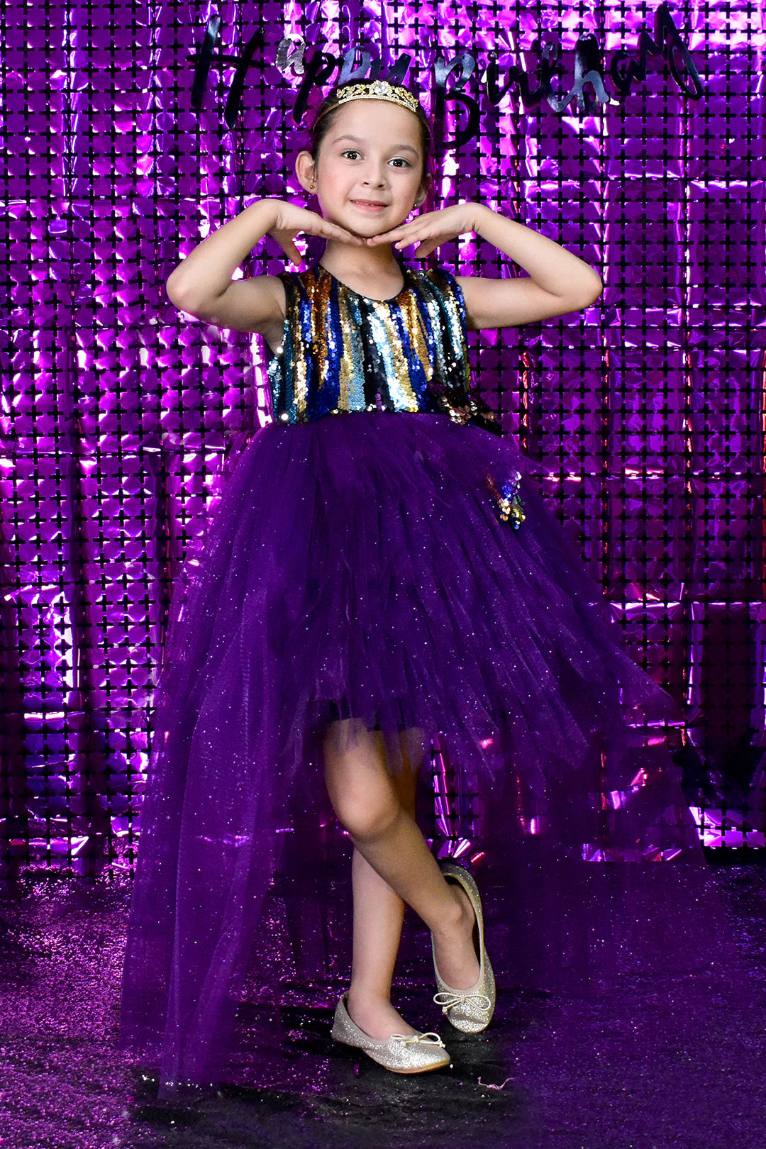 Multi Sequins Feather Style Net Flare Frock | BIRTHDAY BASH | F2178