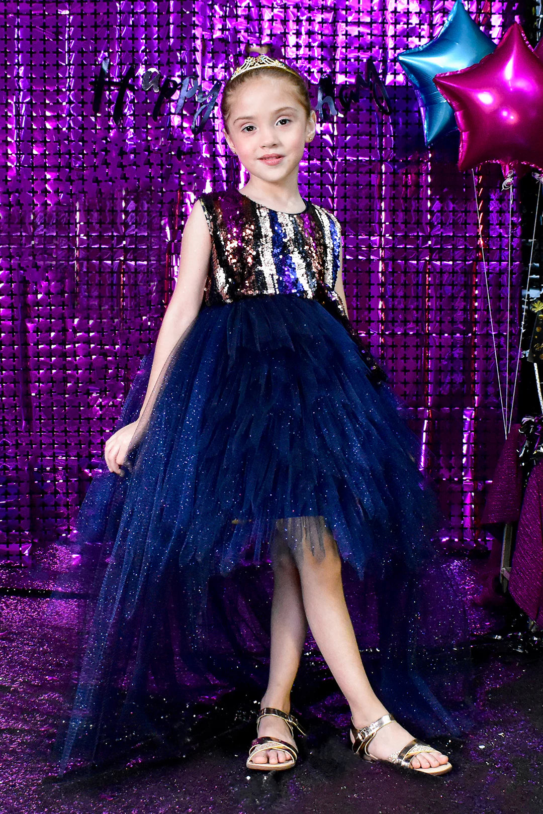Multi Sequins Feather Style Net Flare Frock | BIRTHDAY BASH | F2178