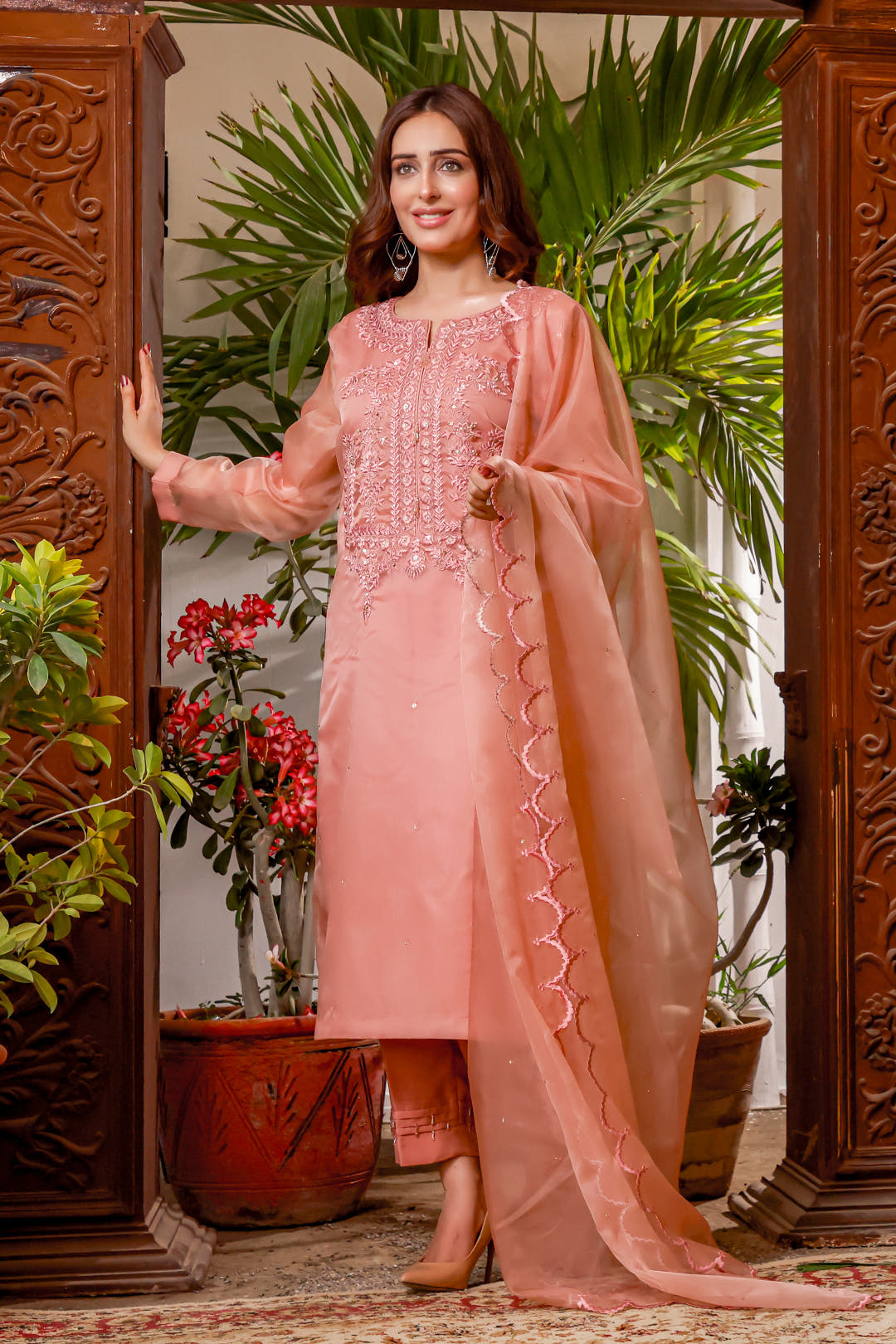 SANA'S red embroidered organza suit Pakistan occasion wear