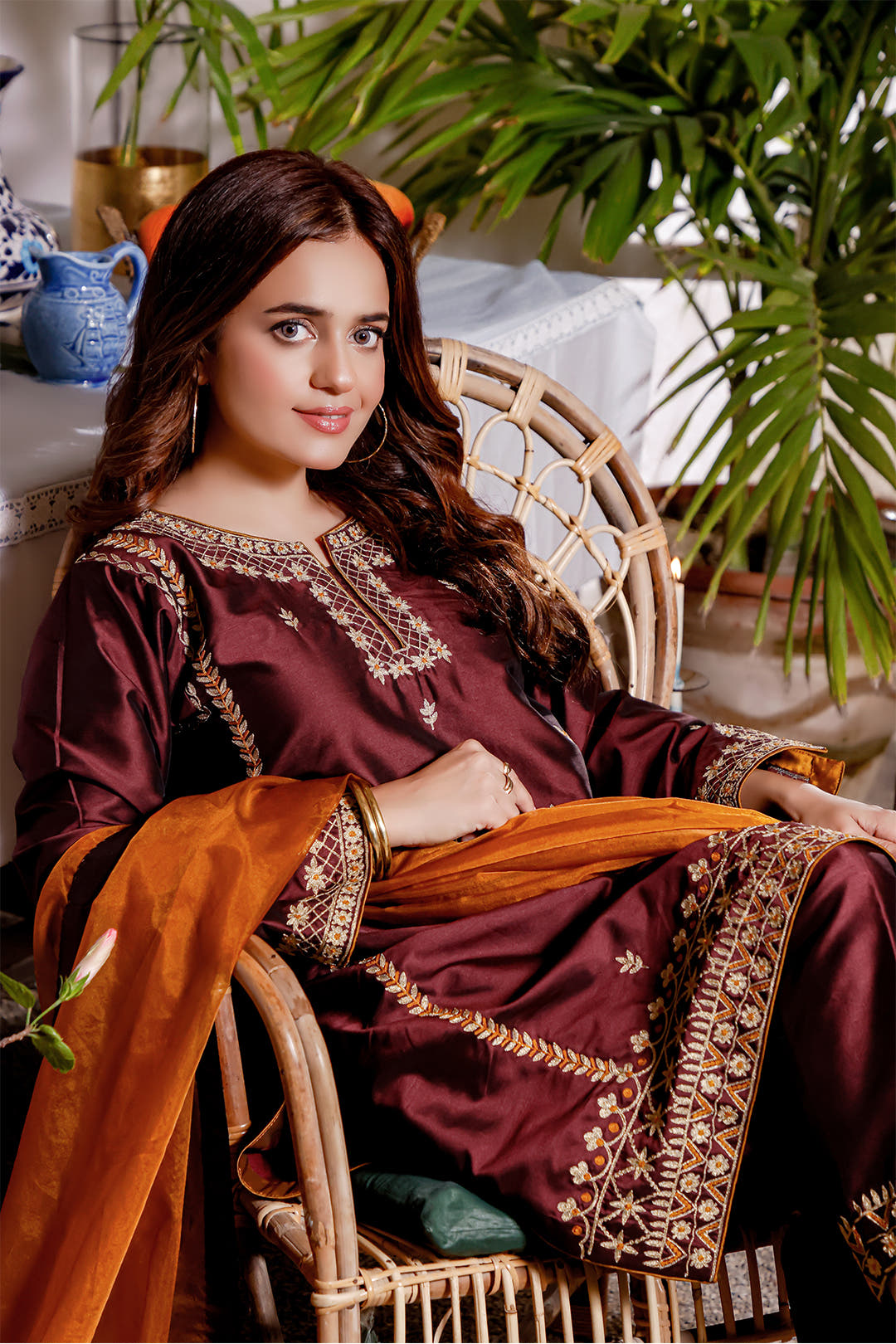 SANA'S red embroidered silk suit Pakistan occasion wear