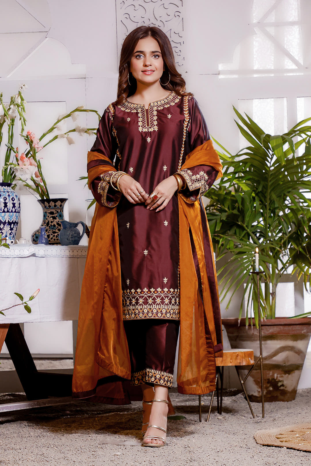 SANA'S red embroidered silk suit Pakistan occasion wear