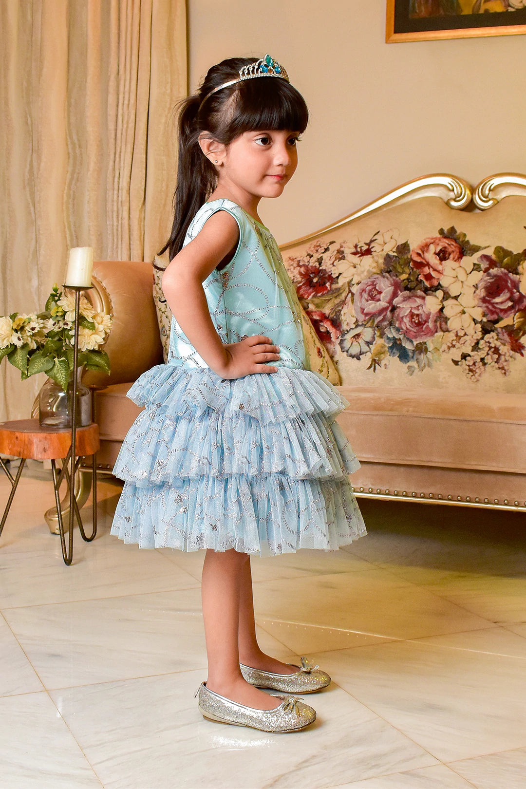 Multi Layers Glitter Net Frock | F2174