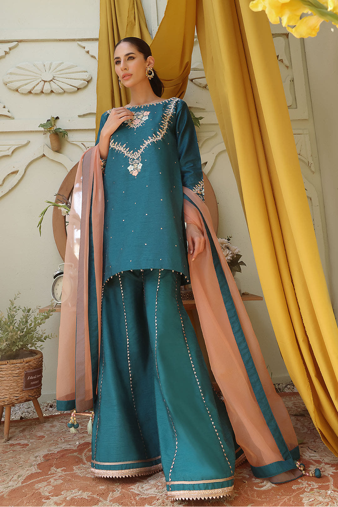 SANA'S red embroidered raw silk suit Pakistan Eid