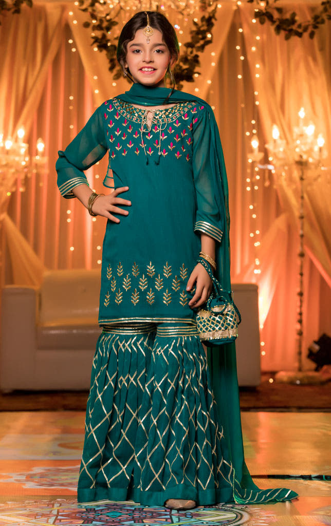SANA'S red embroidered chiffon gharara suit Pakistan occasion wear