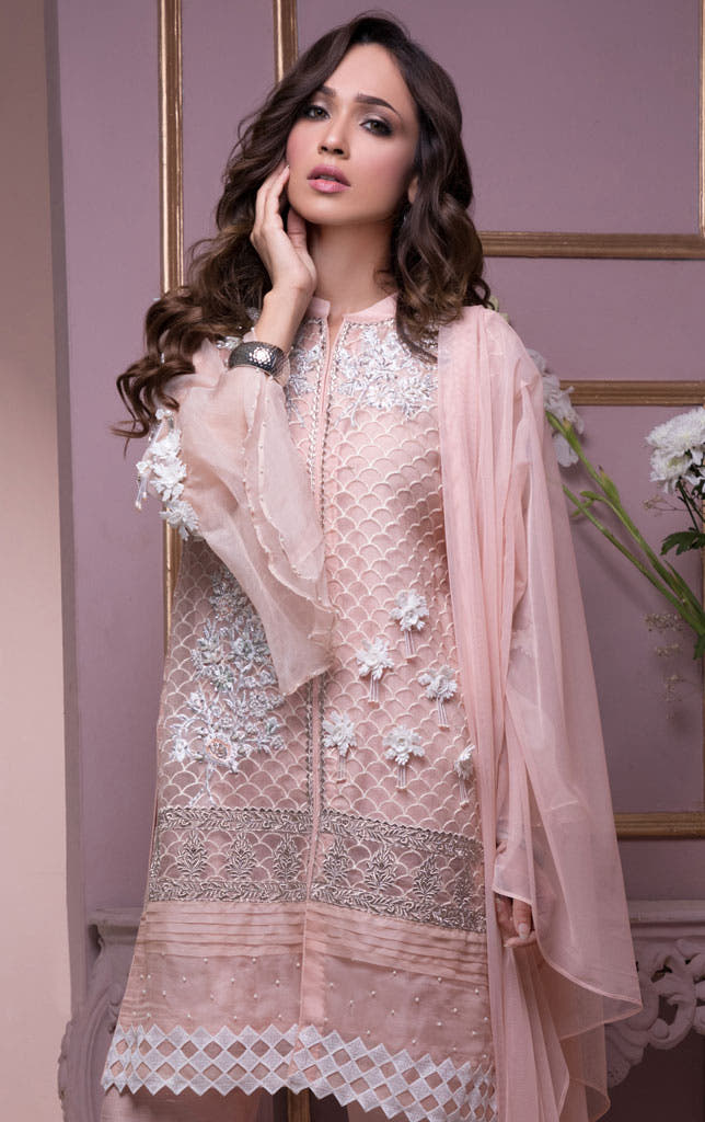 SANA'S red embroidered organza suit Pakistan occasion wear