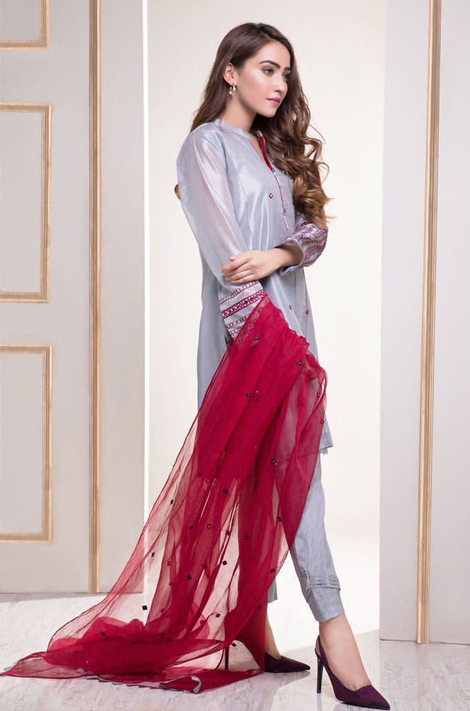 SANA'S red embroidered organza suit Pakistan occasion wear