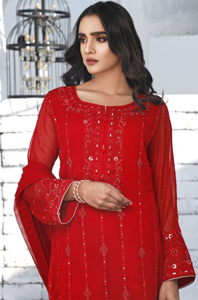 SANA'S red embroidered raw silk suit Pakistan occasion wear