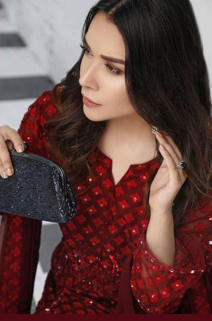 SANA'S red embroidered raw silk suit Pakistan occasion wear