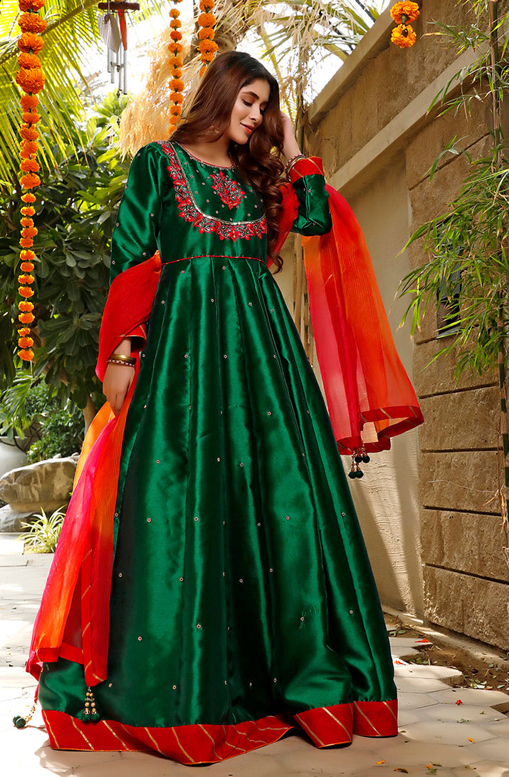 Handwork Embroidered Raw Silk Long Maxi | WC1920 | M123024