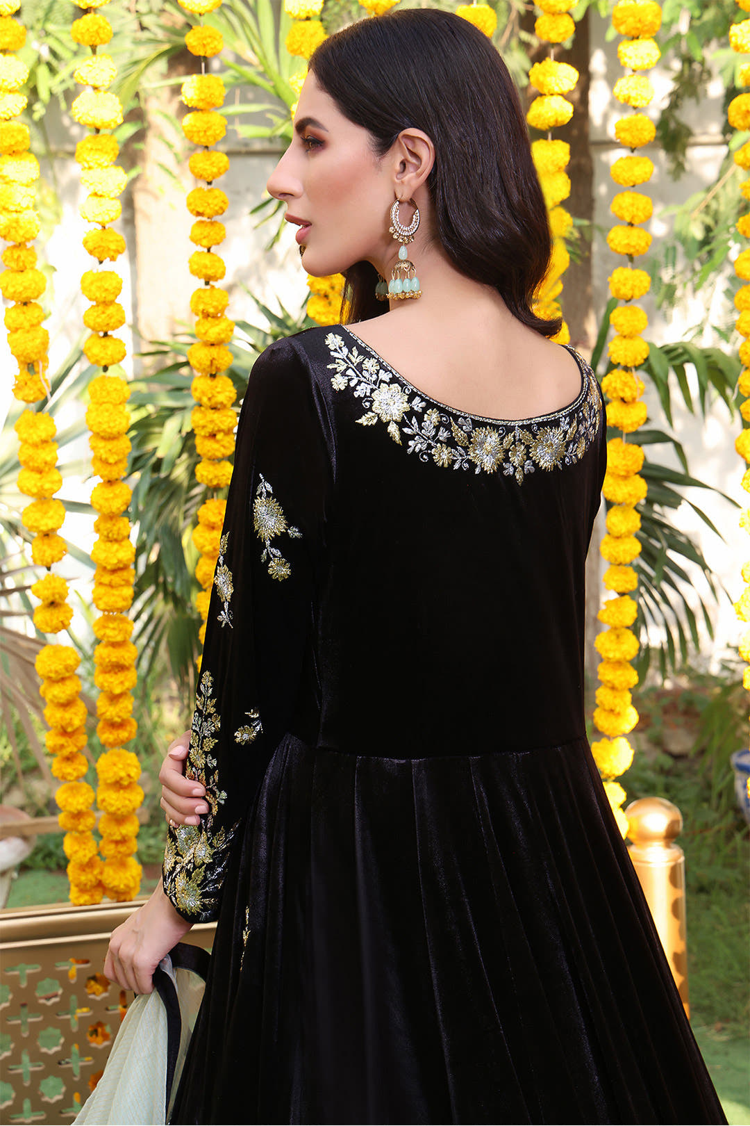 SANA'S red embroidered velvet maxi dress Pakistan occasion wear