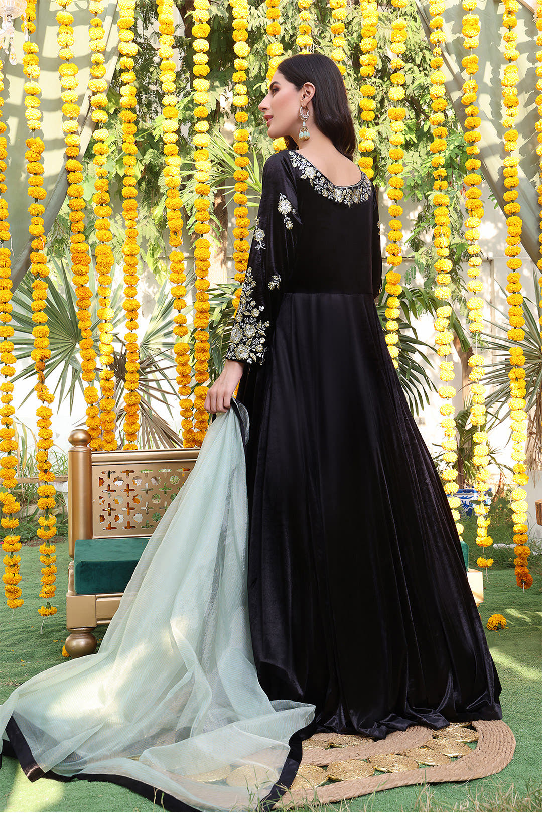 SANA'S red embroidered velvet maxi dress Pakistan occasion wear