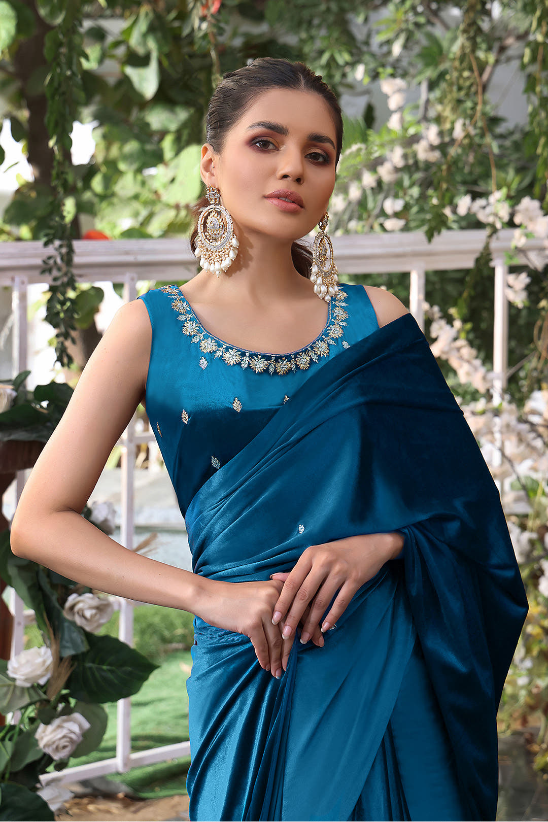 SANA'S red embroidered velvet saree Pakistan occasion wear