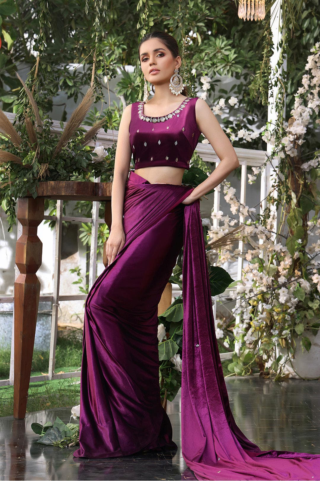 SANA'S red embroidered velvet saree Pakistan occasion wear