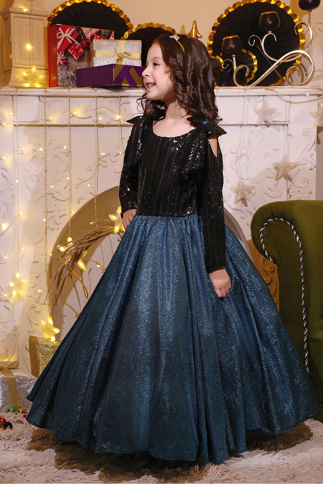 Moonlight Sequins Full Length Western Style Gown | Winter Festive | WM3148