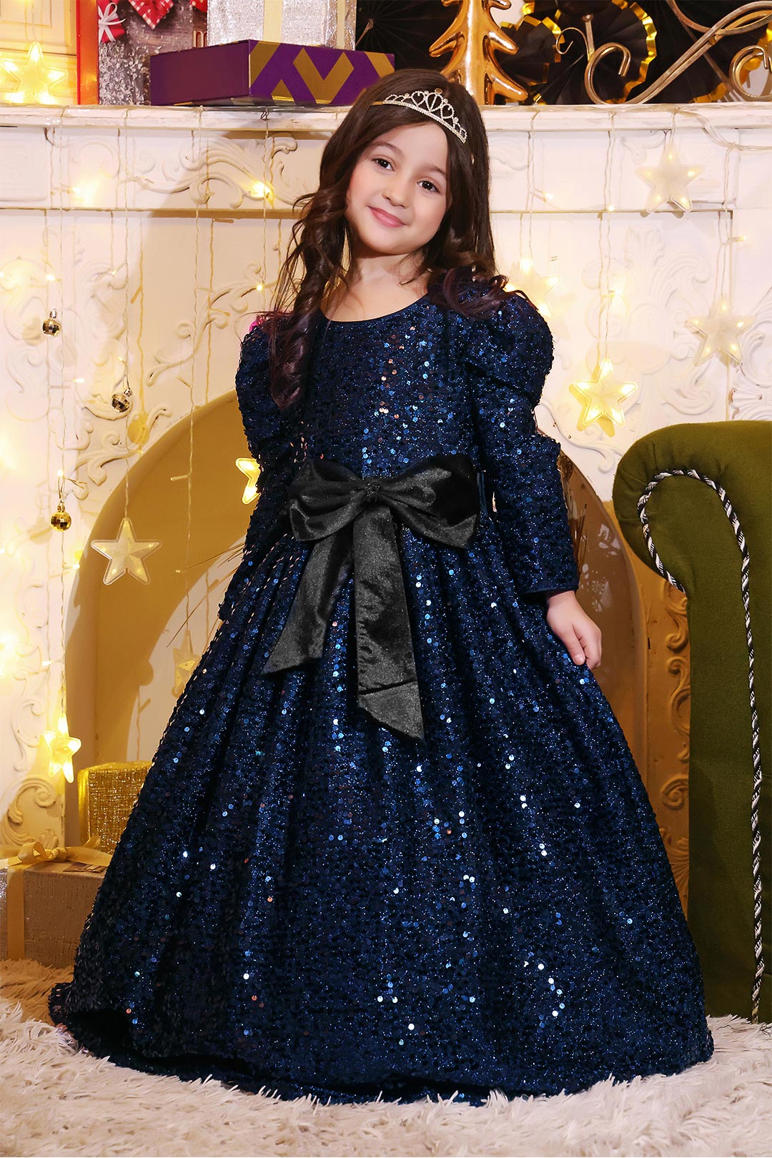 Textured Sequins Full Length Western Style Gown | Winter Festive | WM3145