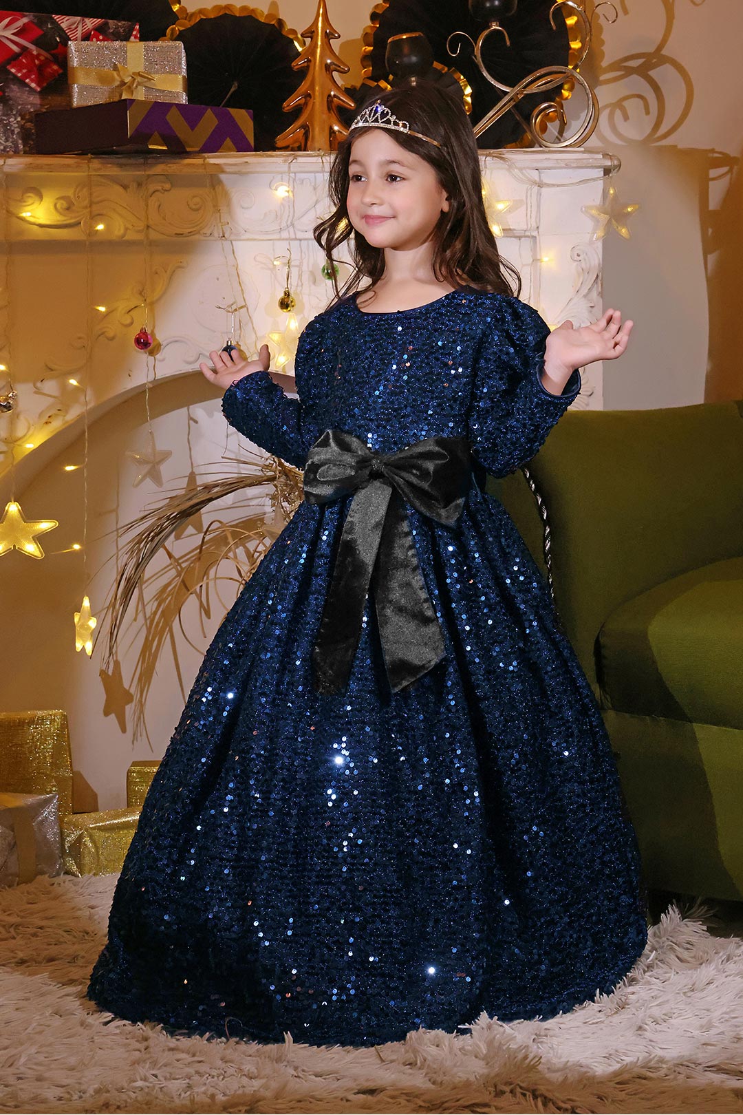 Textured Sequins Full Length Western Style Gown | Winter Festive | WM3145