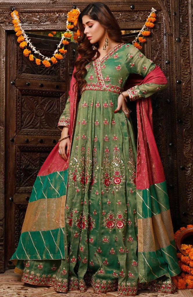 women handwork embroidered mesuri angarkha style wedding maxi Pakistan