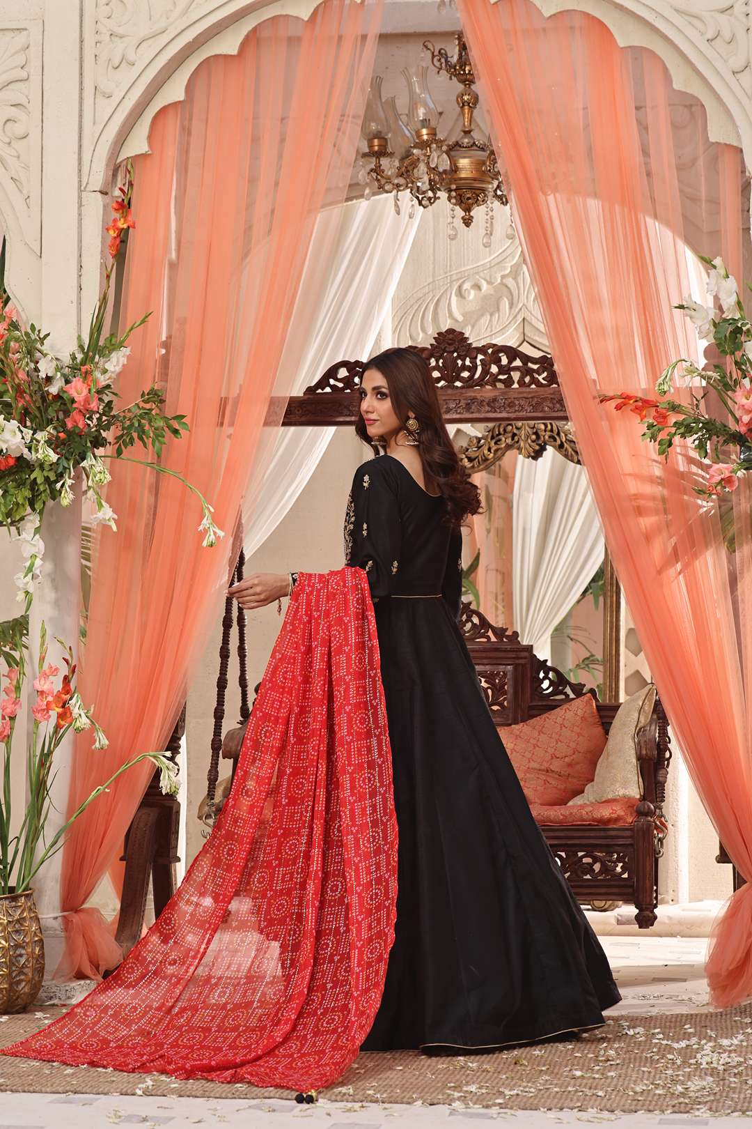 SANA'S red embroidered silk maxi dress Pakistan occasion wear