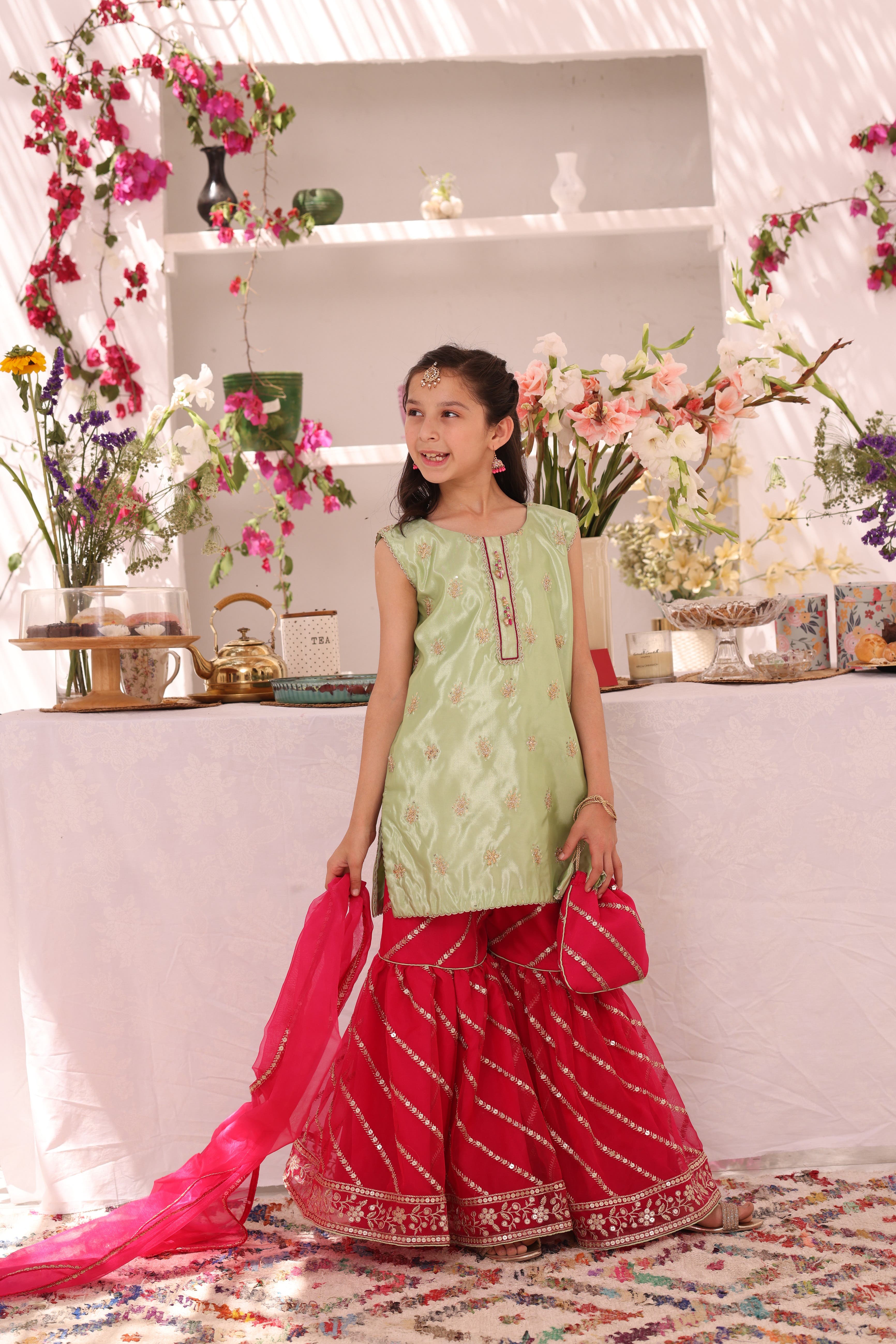 SANA'S red embroidered organza gharara suit Pakistan occasion wear
