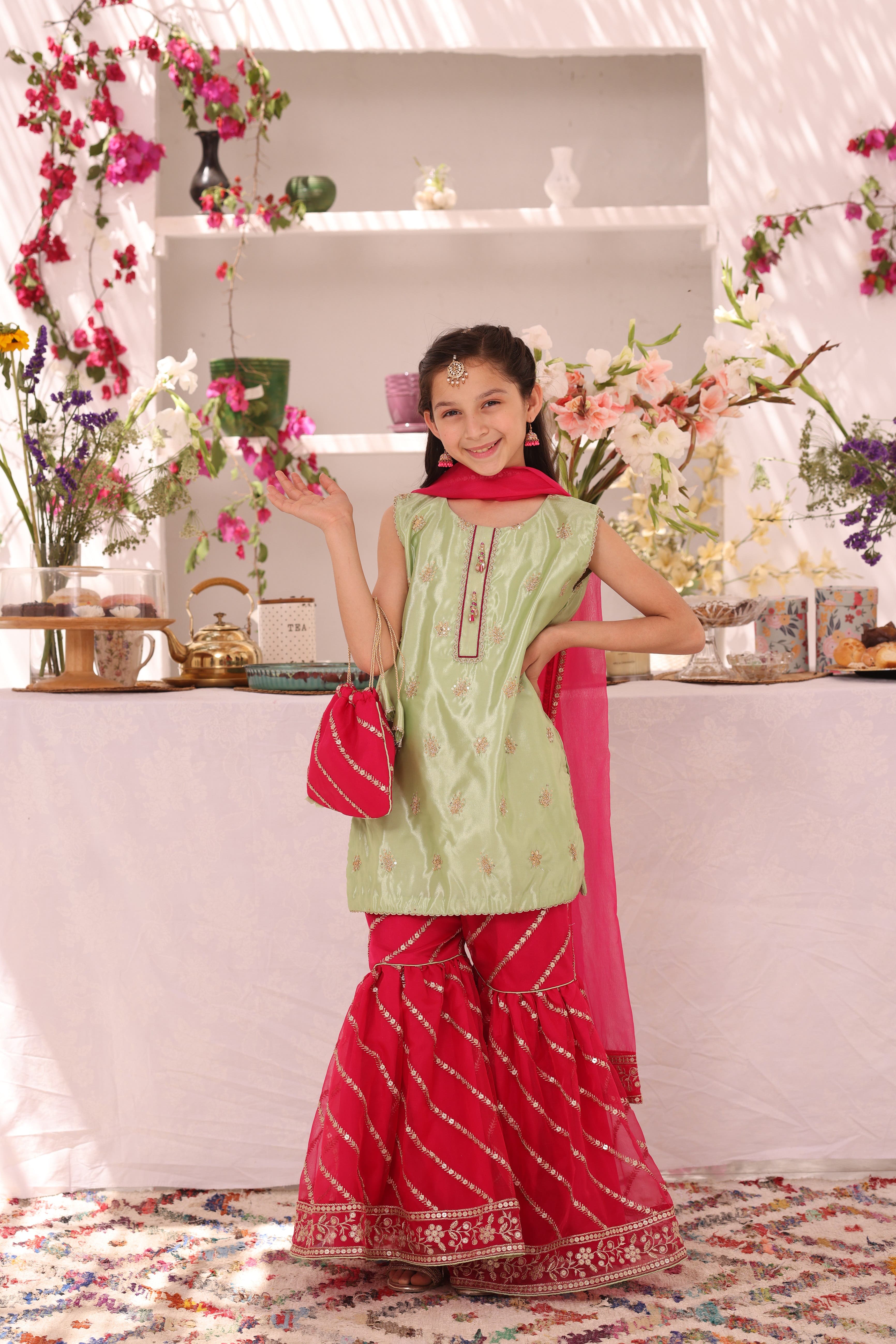 SANA'S red embroidered organza gharara suit Pakistan occasion wear