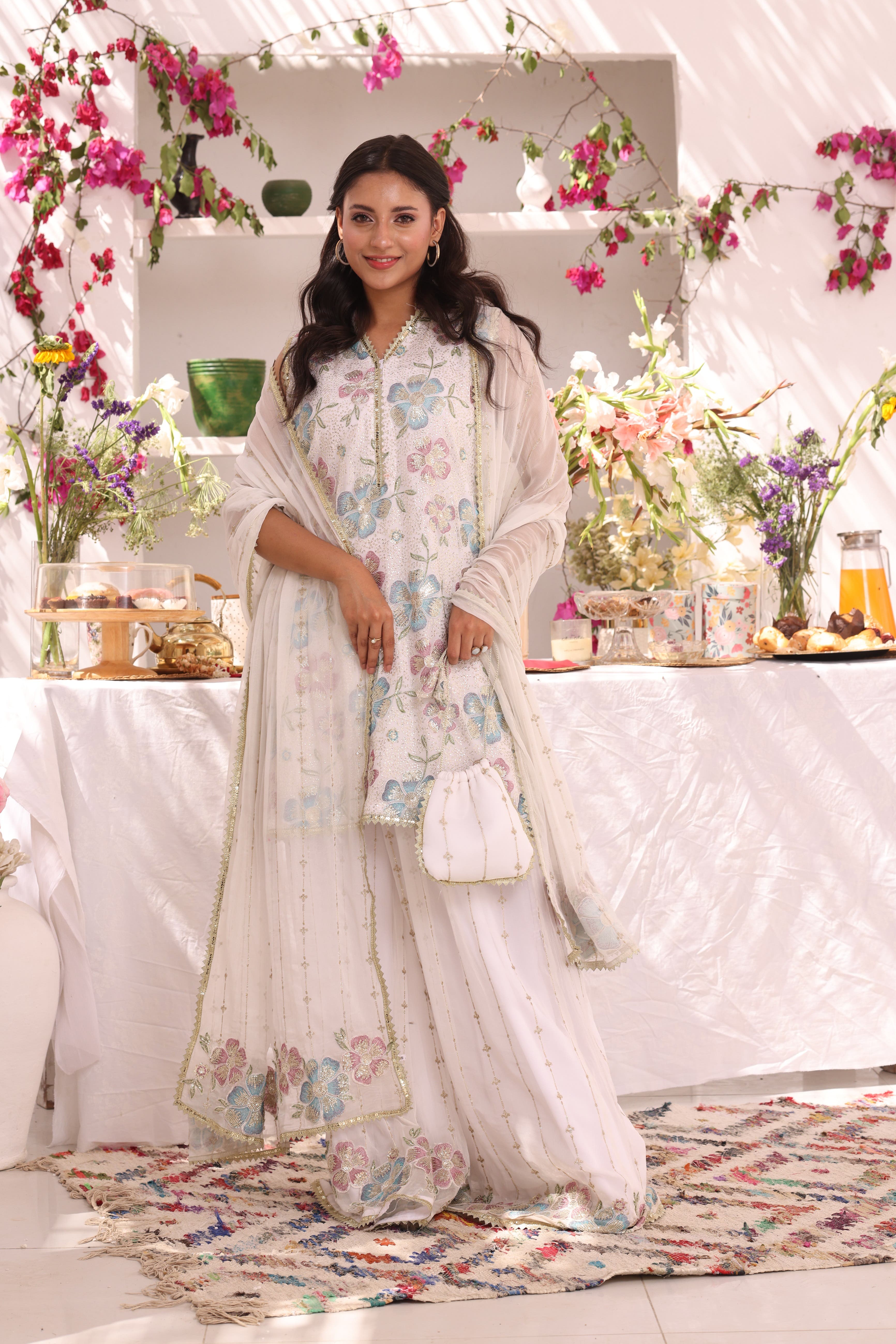 SANA'S red embroidered chiffon plazo suit Pakistan occasion wear
