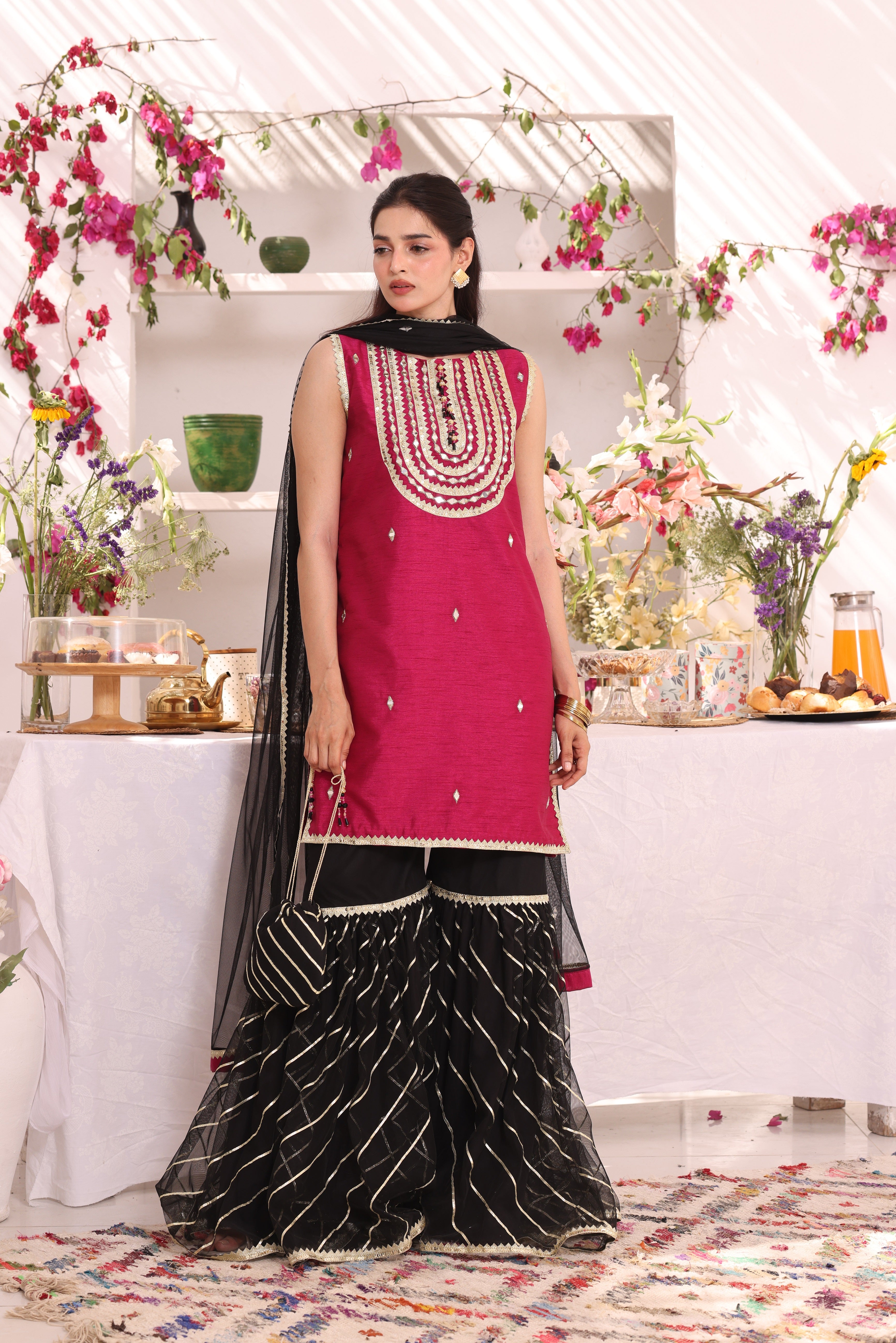 Mirror Embroidered Raw Silk & Net Gharara Suit | ZEB | G123282