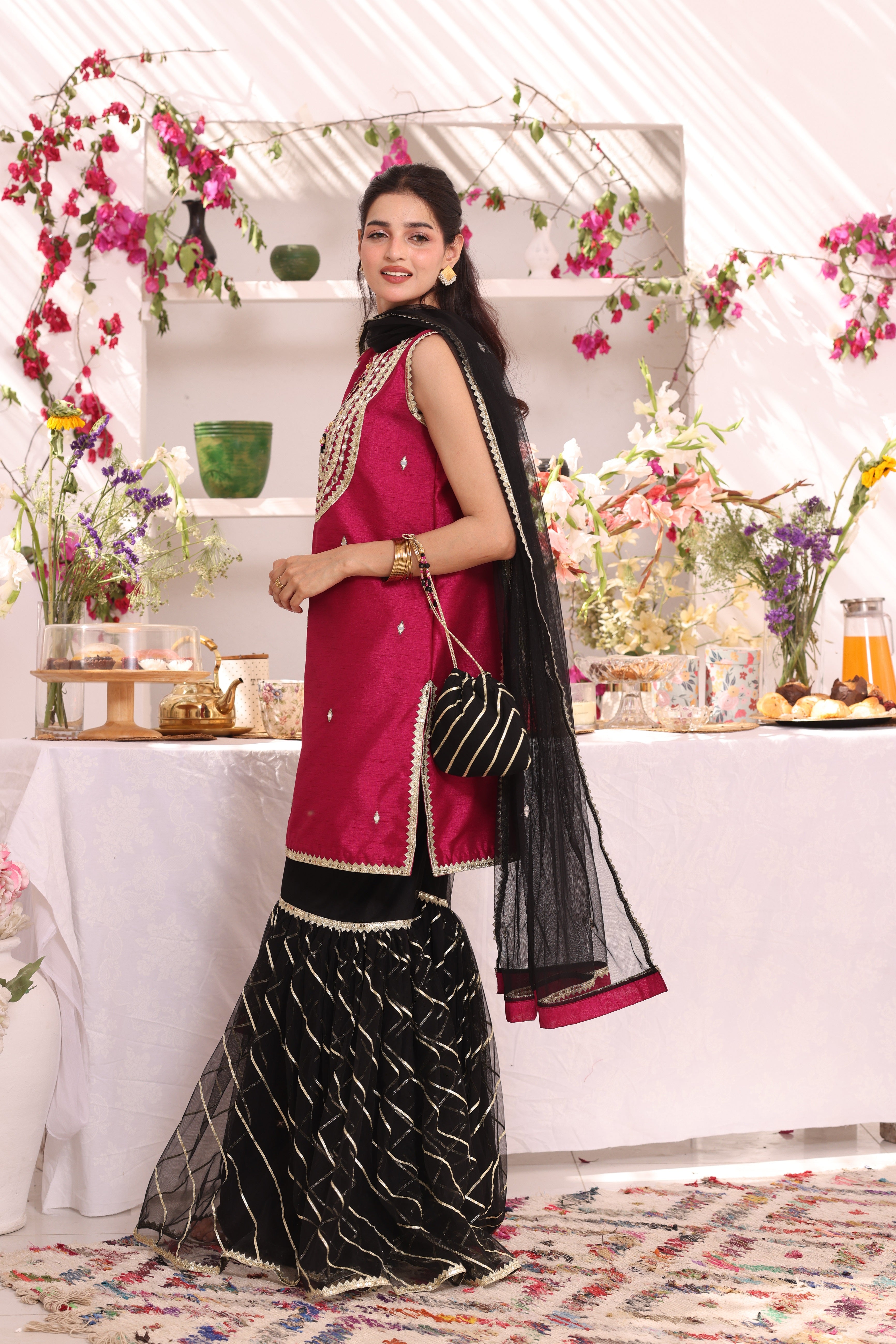 Mirror Embroidered Raw Silk & Net Gharara Suit | ZEB | G123282